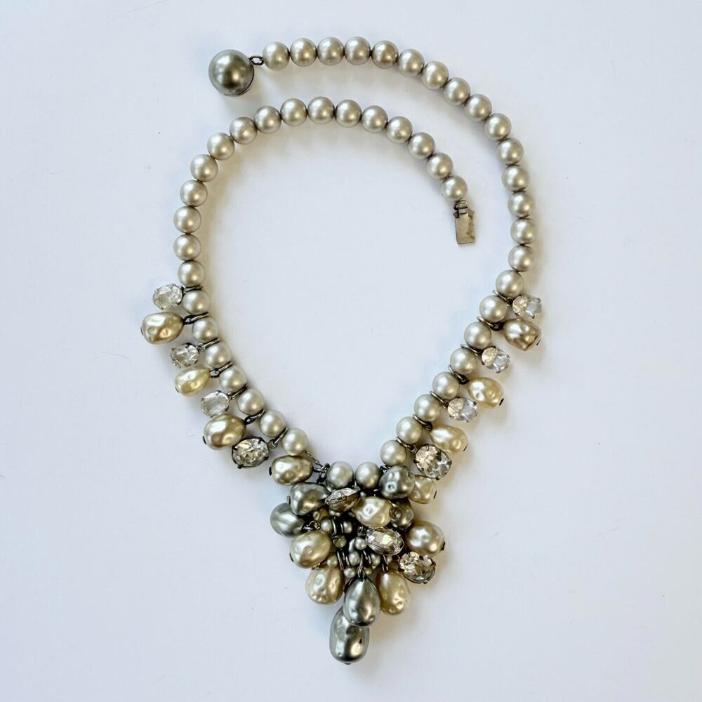 Vintage Louis Rousselet French Faux Pearl and Rhinestone Collar Style Necklace